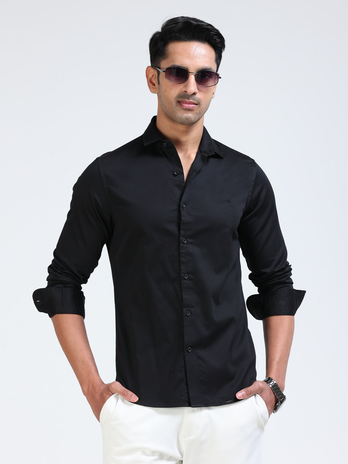 Satin Shirt Black - Smiling front portrait