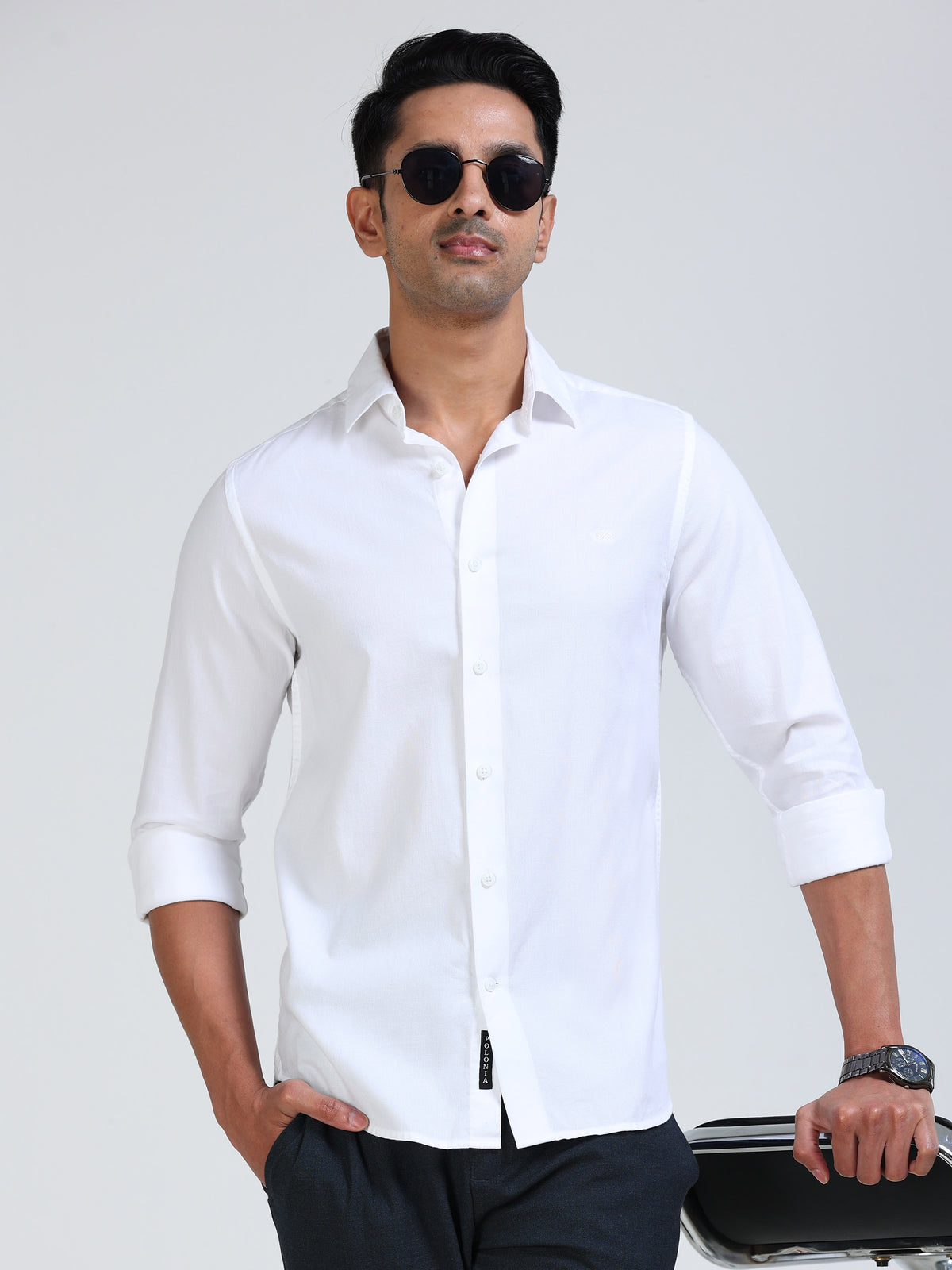 Satin Shirt White - Front view with sunglasses
